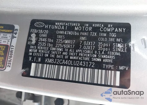 2020 Hyundai Tucson Se z USA, uszkodzony, nr VIN KM8J2CA40LU243172